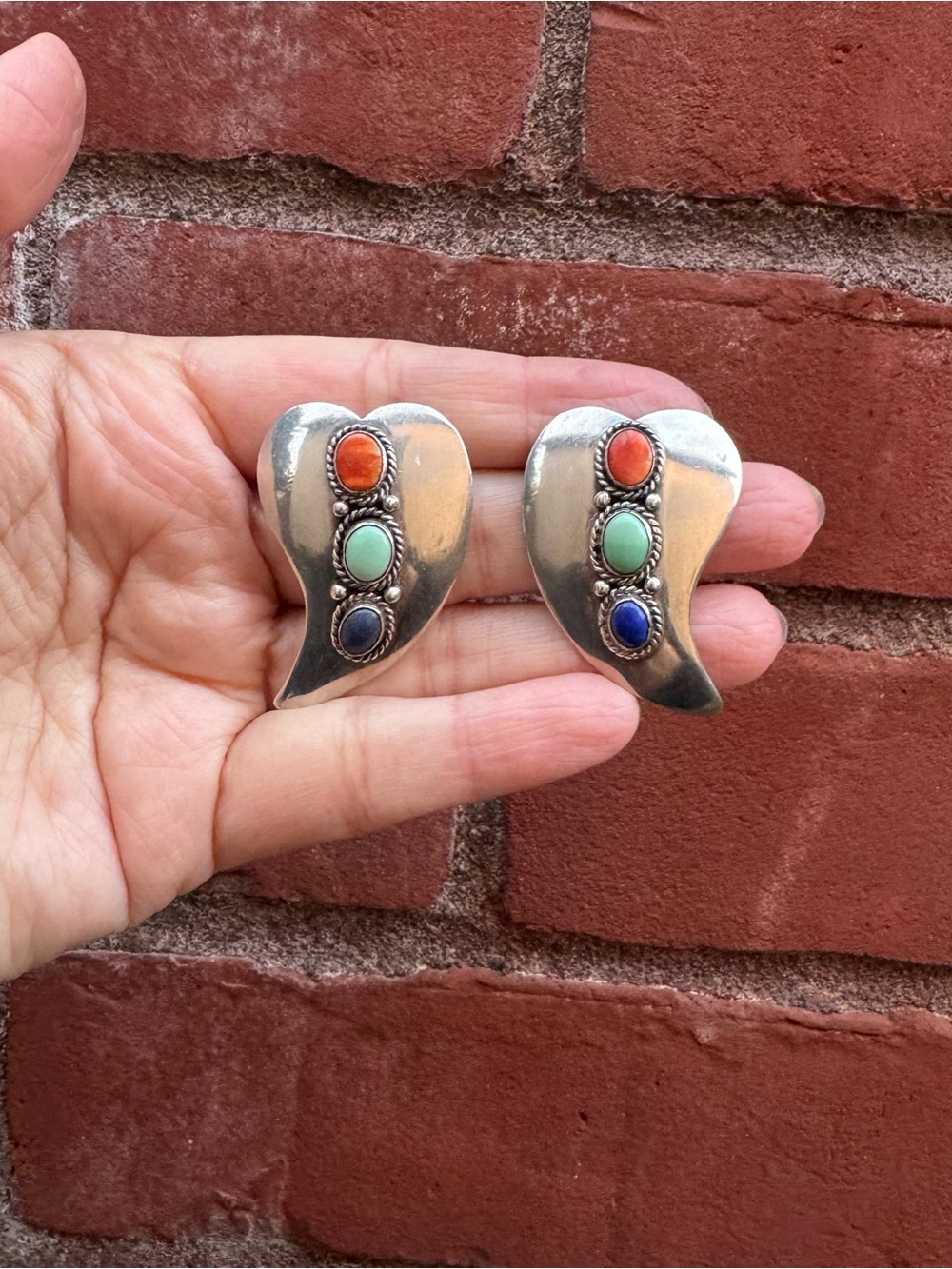 Native, Large Heart Earrings - Sterling, Lapis, Spiny Oyster & Turquoise